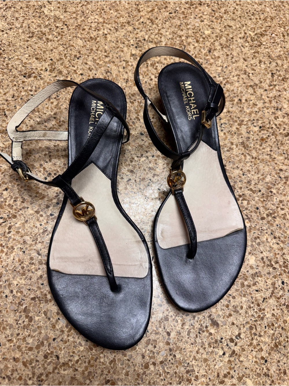 MICHAEL Michael Kors Black Leather Gold Logo T-Strap  Wedge Sandals